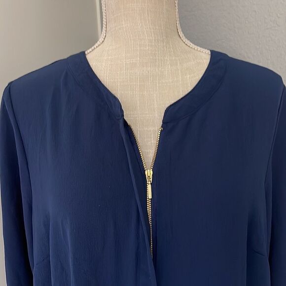 D.N.A. Couture long sleeve soft navy blouse with tie up sleeves w/ gold buttons - Picture 2 of 5